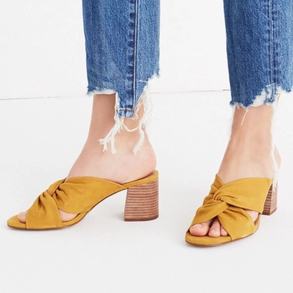Madewell Mustard Yellow Knotted Suede Block Heel Sandals - Picture 2 of 8